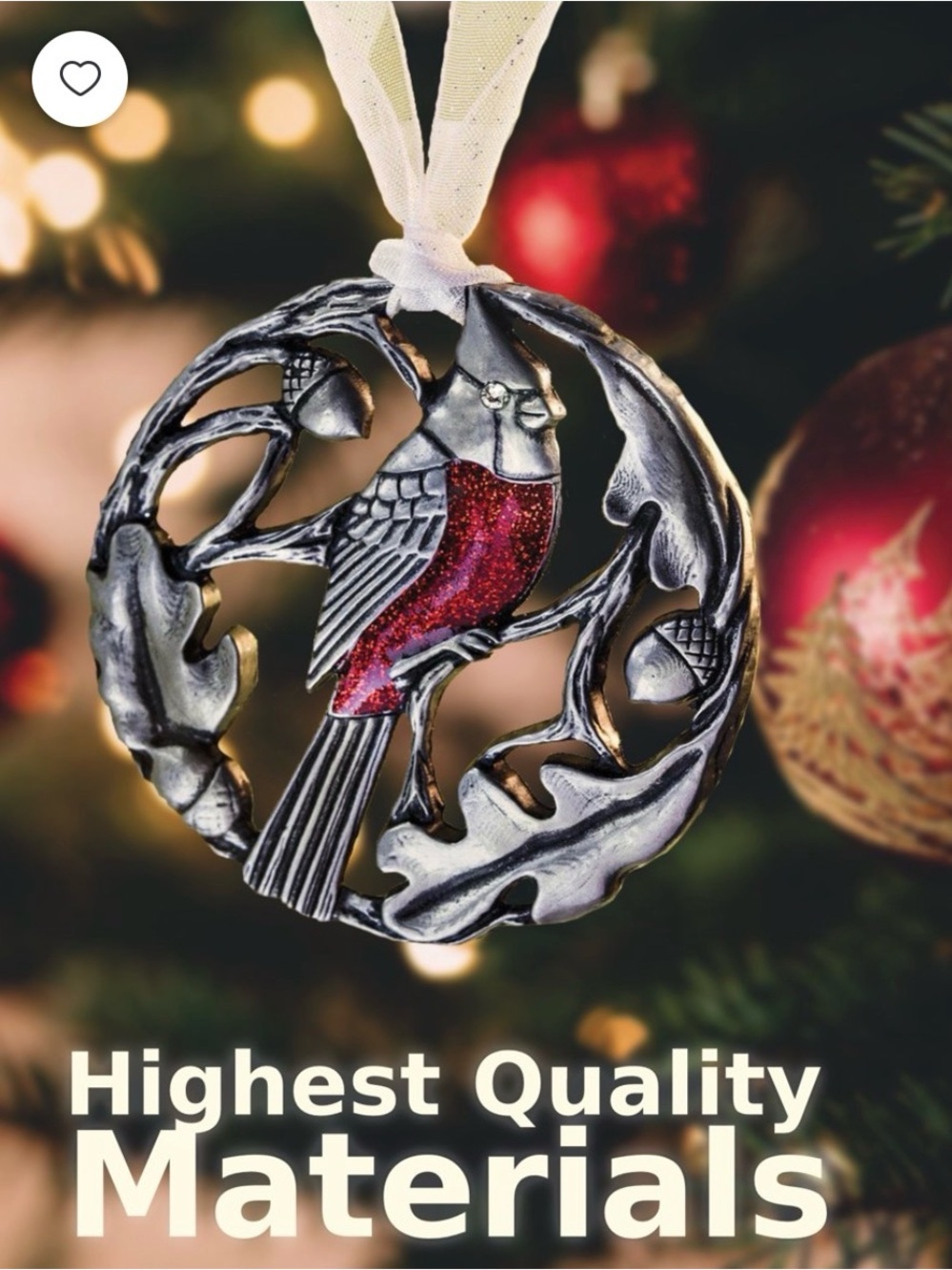 Gloria Duchin pewter robin bird ornament featuring an open-work circular frame